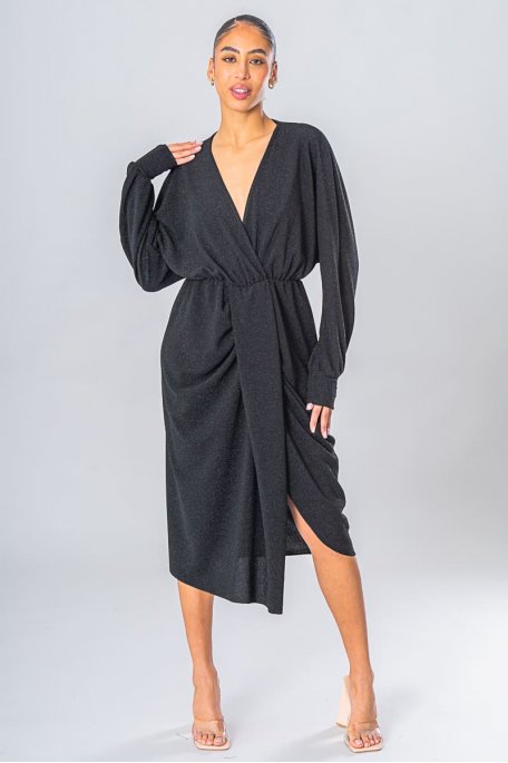 Robe mi-longue drapée pailletée encolure en "V" noir