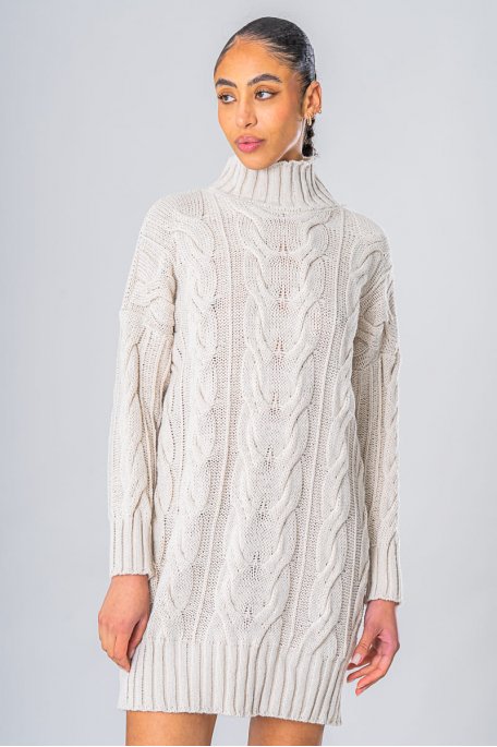 Beige braided high neck sweater dress