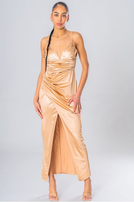 Langes Satin-Kleid geschlitzt beige