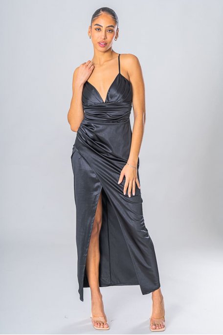 Langes Satin-Kleid geschlitzt schwarz