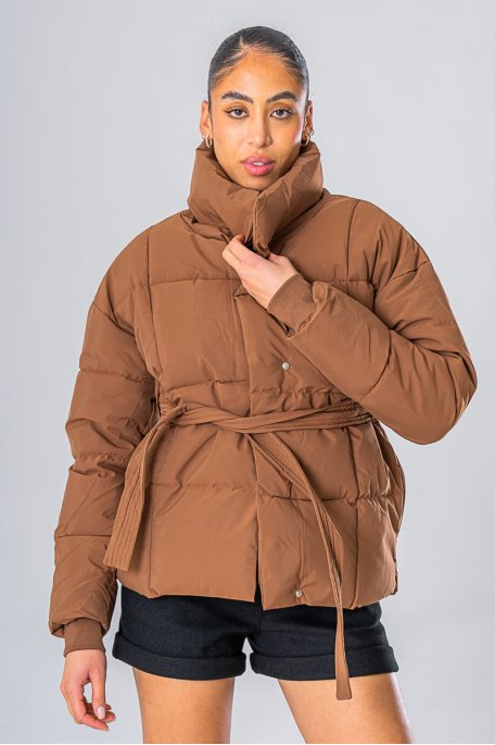 Brown belted puffer jacket