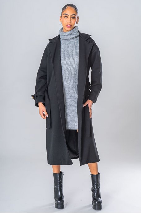 Belted long coat with classic black collar