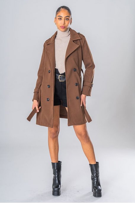 Brown trench coat with belted buttons