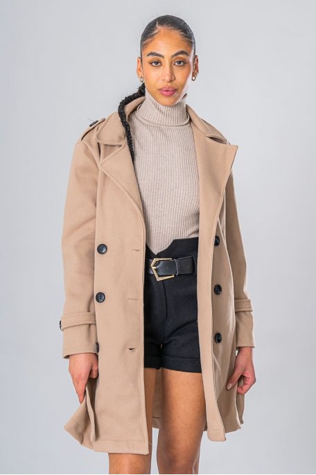 Beige trench coat with belted buttons