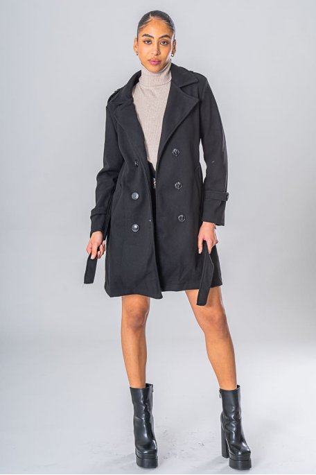 Black trench coat with belted buttons