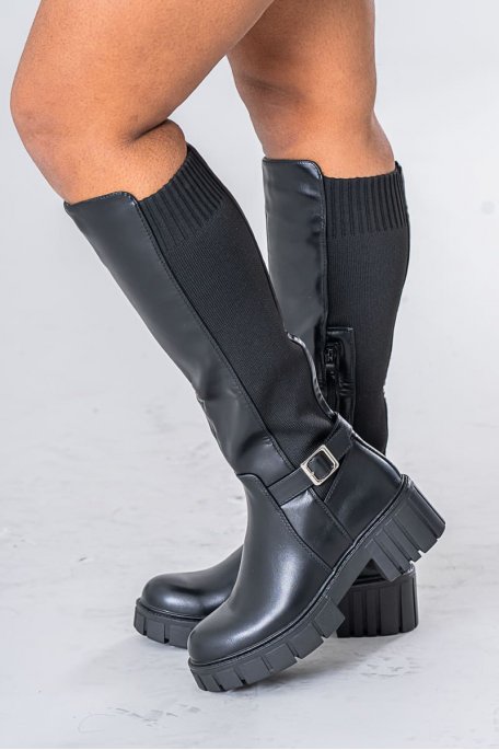 Stiefel aus zwei Materialien Kunstleder elastisch quadratische Schnalle schwarz