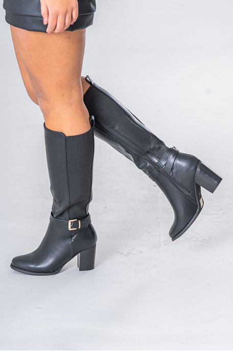 Heeled boots bi-material faux elastic belted black