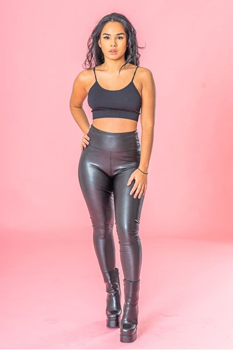 Leggings aus veganem Kunstleder mit Nahtdetail schwarz