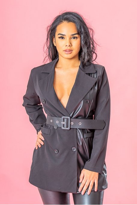 Blazerjacke aus zwei Materialien mit Gürtel schwarz