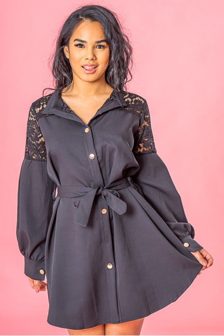 Shirt dress with lace details belted black