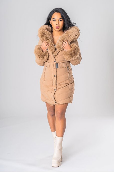 Abnehmbare Kunstpelz-Daunenjacke camel