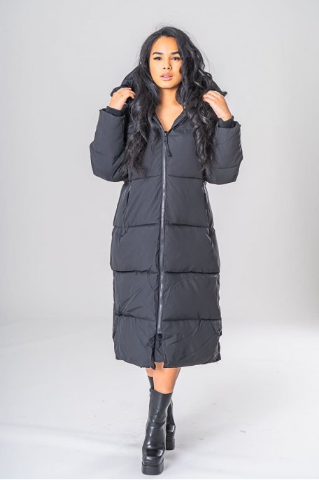 Long quilted jacket with black hood