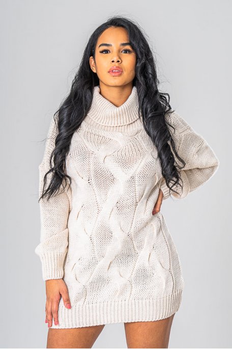 Beige oversized knitted sweater with turtleneck