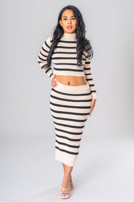 Set crop top skirt mid-length striped pattern beige