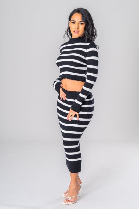 Black striped crop top and skirt set