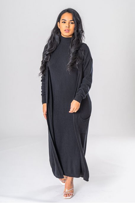Black sleeveless dress and long vest set