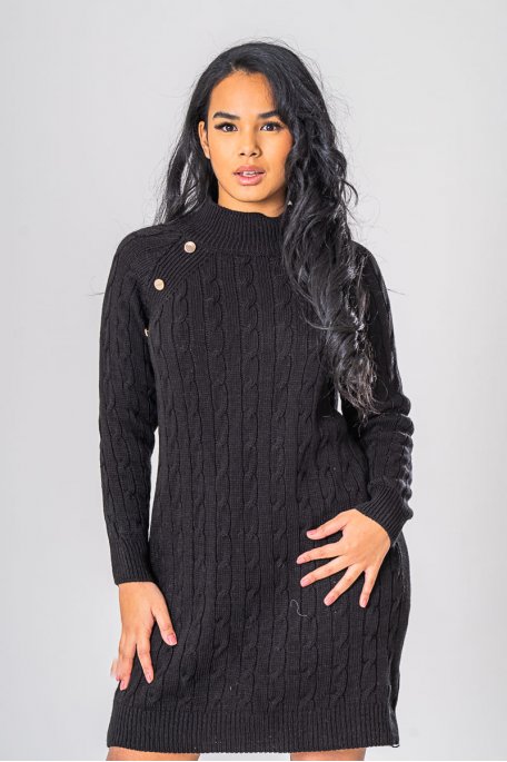 Robe pull moulante coupe mi-longue bouton officier noir