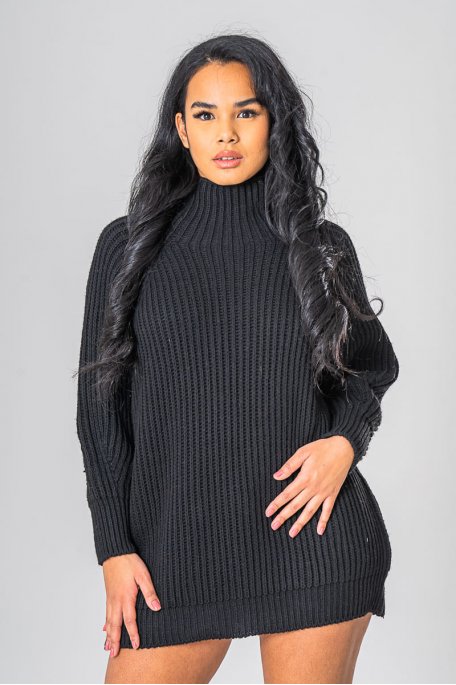 Knitted sweater dress with black funnel neck