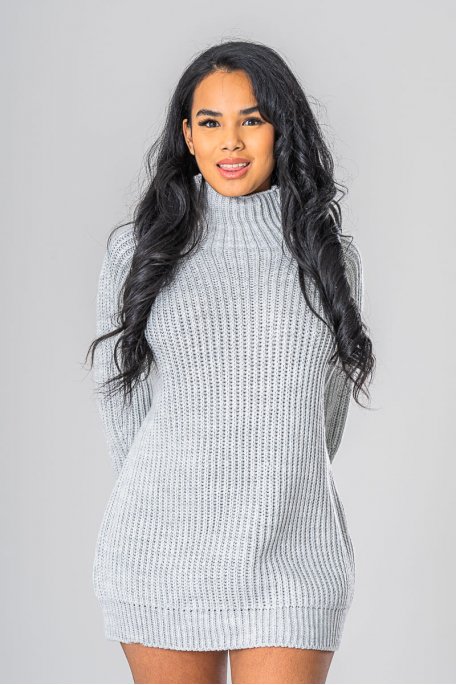Robe pull en maille col cheminée gris