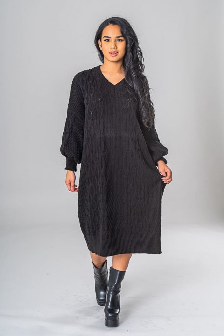 Black V-neck long sweater dress