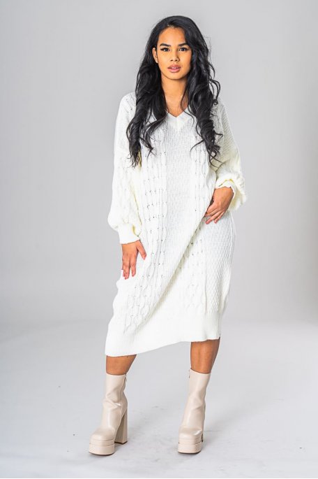 White V-neck long sweater dress