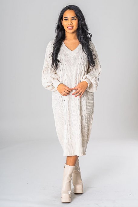 Robe pull longue col V beige