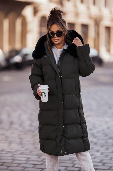 Long hooded padded jacket with black faux fur