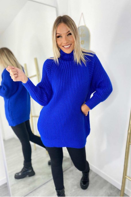 Knitted sweater dress with blue funnel neck