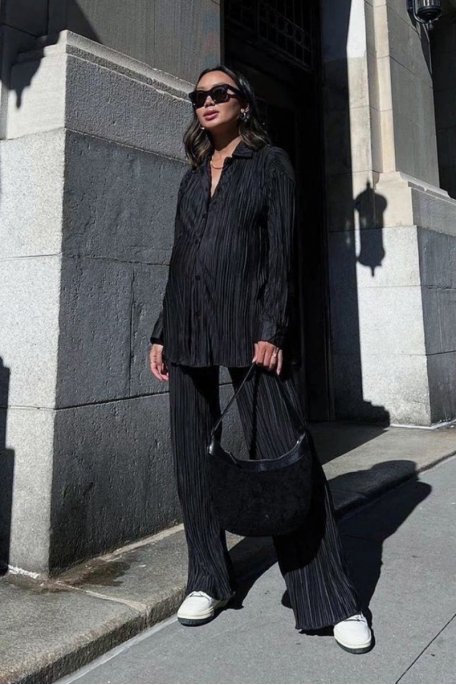 Black pleated shirt set
