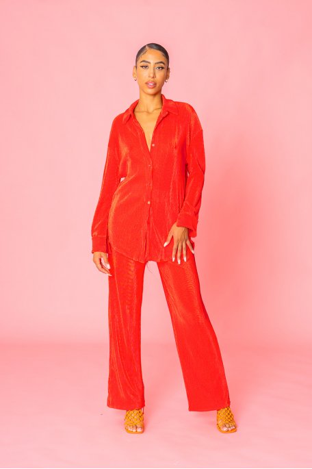 Red pleated shirt set