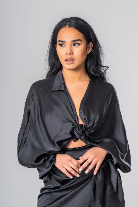 Black satin shirt with puffed sleeves