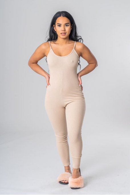 Beige ribbed jumpsuit with thin straps