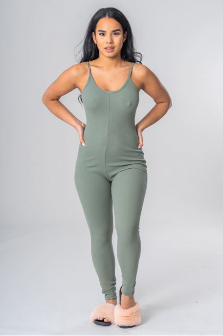 Khaki ribbed jumpsuit with thin straps