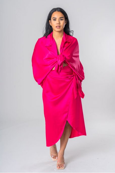 Jupe mi-longue portefeuille satinée rose