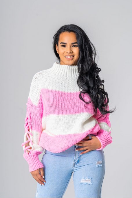 Oversized striped sweater with pink braided sleeves