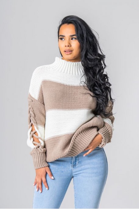 Oversized striped sweater with beige braided sleeves