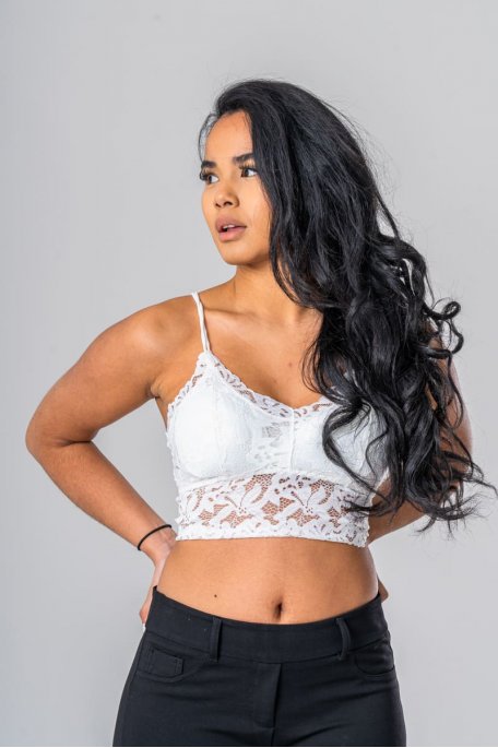 Crop top dentelle bretelles croisées blanc