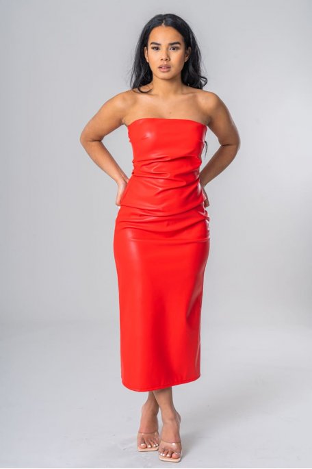 Kleid lang eng anliegend trägerlos Kunstleder rot