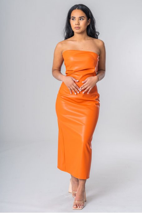 Robe longue moulante bustier simili orange