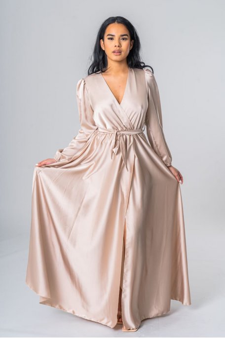 Robe longue satinée cache-coeur fendue beige