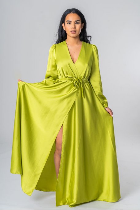 Green satin wrap dress with slit heart