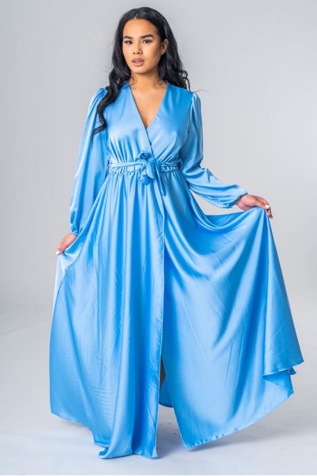 Blue satin wrap dress