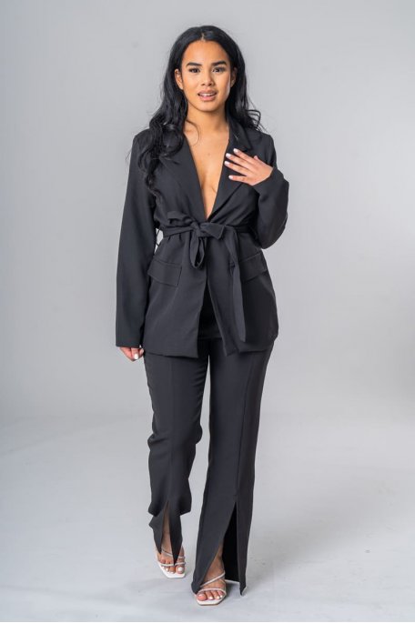 Ensemble blazer ceinturé pantalon droit fendu noir