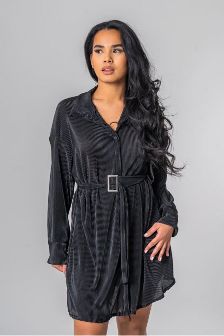 Robe chemise courte plissée ceinturée noir