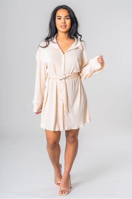 Shirtkleid kurz plissiert mit Gürtel beige