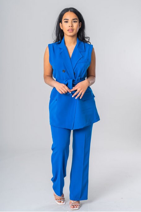 Blue belted sleeveless blazer set