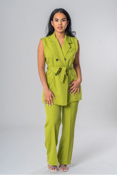Ensemble blazer sans manches ceinturé vert