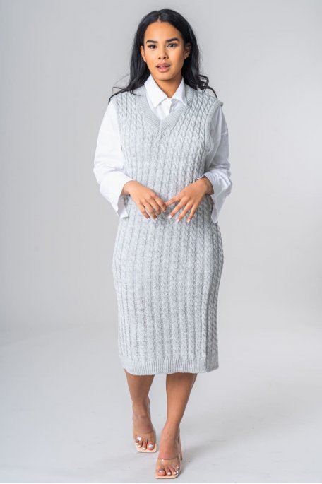 Robe maille torsadée sans manches col V gris