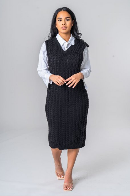 Robe maille torsadée sans manches col V noir