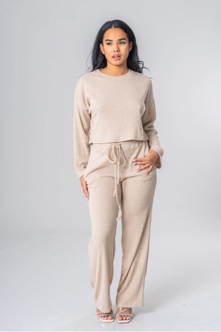 Beige ribbed top and long sleeve set